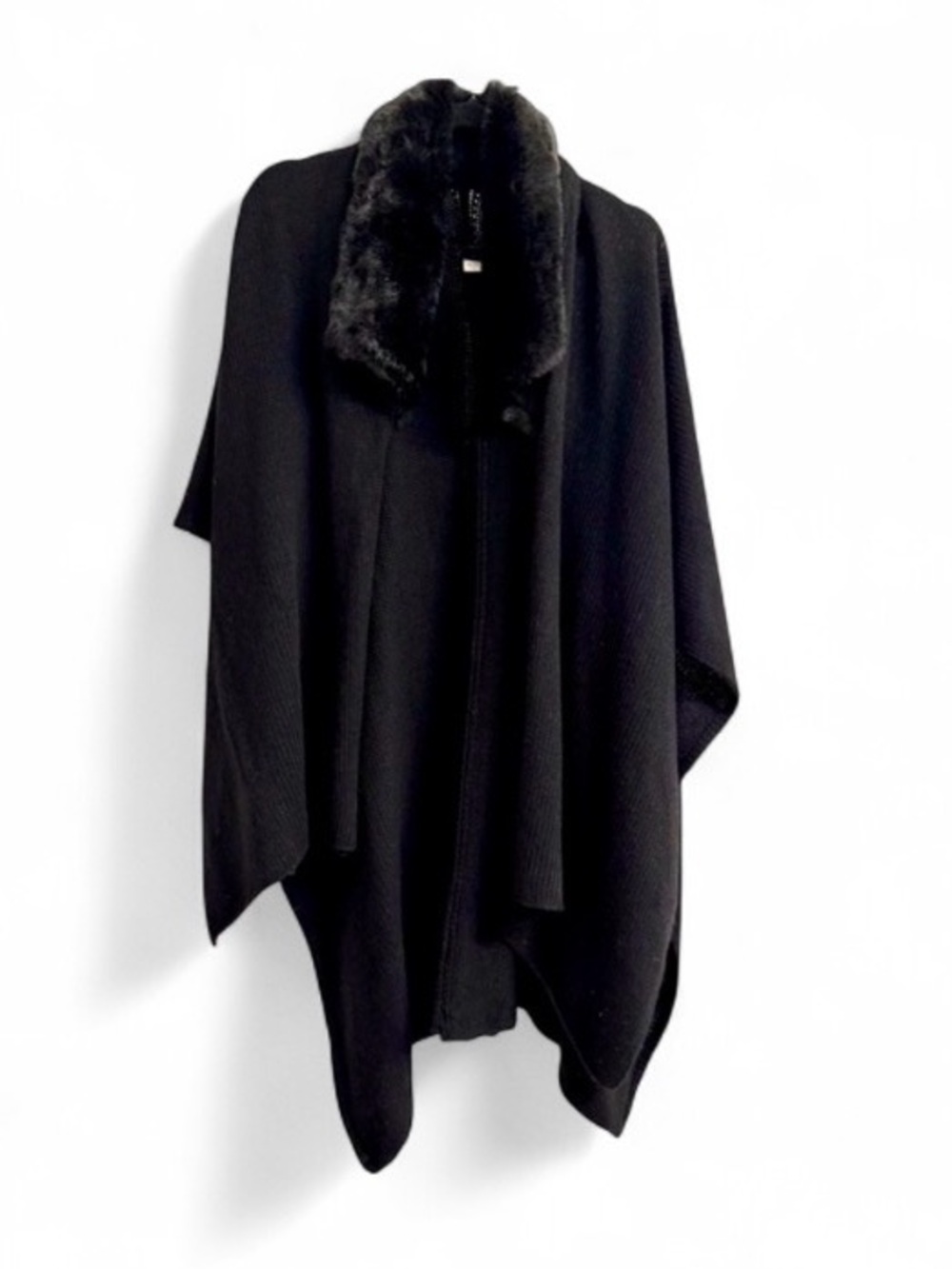 Black Faux Fur Collar Knit Shawl Poncho Topper Wrap